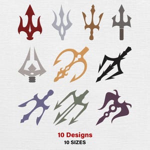 May include: A collection of ten trident designs in various colors, including red, silver, brown, and black. The image features different styles of tridents, with the text "10 Designs 10 Sizes" in red at the bottom.