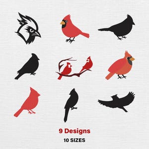Op de afbeelding: Negen ontwerpen van kardinaalvogels in rood en zwart, waaronder silhouetten en gedetailleerde illustraties. De tekst luidt "9 Designs" en "10 Sizes".