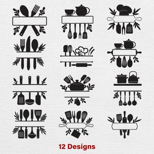 Disegno per ricamo a macchina con telaio diviso per utensili da cucina, modello per ricamo di utensili da forno, file per ricamo da cucina, disegno per grembiule