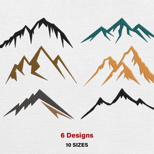 Puede incluir: Seis diseños de montañas en varios colores, incluyendo negro, verde azulado y dorado, se muestran sobre un fondo blanco. Los diseños son estilizados y geométricos. El texto "6 Designs" y "10 SIZES" está en rojo en la parte inferior.
