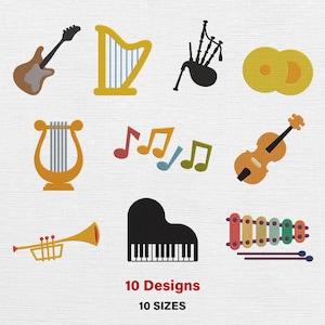 May include: A collection of embroidered musical instrument designs, including a guitar, harp, bagpipes, cymbals, lyre, musical notes, violin, trumpet, piano, and xylophone. The text at the bottom reads "10 Designs" and "10 Sizes".
