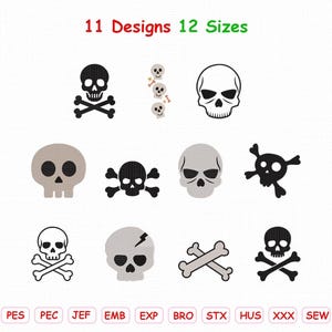 Puede incluir: Una colección digital de 11 diseños de bordado de calaveras y huesos cruzados en 12 tamaños. El gráfico presenta varias ilustraciones de calaveras en negro, blanco y gris, incluyendo calaveras solas, con huesos y huesos. Texto: 11 Designs 12 Sizes.