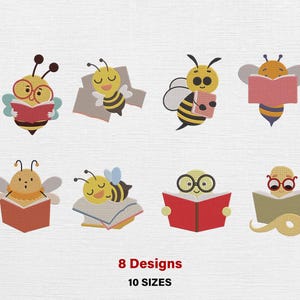 May include: Eight embroidered bee designs, each with a unique expression and pose, reading books. The bees are yellow, black, and white, with some wearing glasses. The text "8 Designs" and "10 SIZES" is displayed in red.