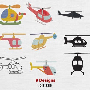 May include: Nine helicopter designs in various colors and styles, including cartoon and silhouette versions. The designs include red, yellow, and black helicopters. The text "9 Designs 10 Sizes" is displayed at the bottom of the image.