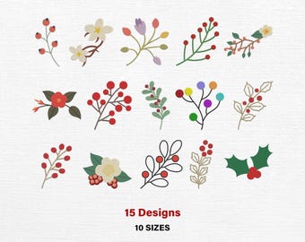 Blueberry Branch Embroidery Designs, Christmas Berry Embroidery File, Winter Floral Machine Digital File (Instant Download)