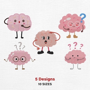 Op de afbeelding: Vijf geborduurde hersenontwerpen in roze met verschillende uitdrukkingen en poses. Eén hersen heeft een vraagteken, een ander draagt een bril en een derde krabt zich op het hoofd. De tekst "5 Designs 10 Sizes" staat onderaan.
