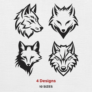 Puede incluir: Cuatro diseños de cabeza de lobo en blanco y negro sobre un fondo blanco. Los diseños incluyen perfiles laterales y vistas frontales, cada uno con detalles estilizados únicos. El texto en la parte inferior dice "4 Designs" y "10 Sizes".