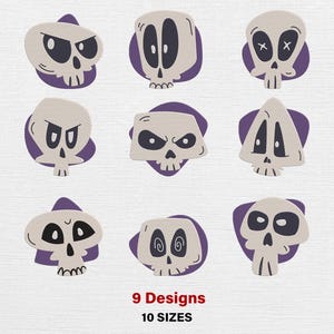 May include: Nine cartoon skull designs in various expressions, each with a light beige skull and black eyes, set against a purple background. The text "9 Designs 10 SIZES" is displayed in red at the bottom.