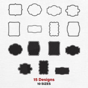 May include: An assortment of 15 black and white frame designs in various shapes, including rectangular, oval, and scalloped edges. The text at the bottom reads "15 Designs" and "10 Sizes".