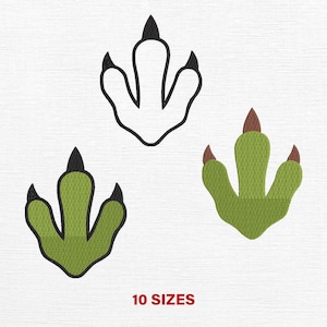 May include: Three dinosaur footprint designs in black, green, and brown. One is a black outline, another is green with black claws, and the last is green with brown claws. The text "10 SIZES" is in red.