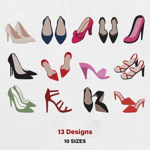May include: An illustration of various women's shoes in different styles and colors, including high heels, flats, and sandals. The image features a variety of designs, with the text "13 Designs" and "10 Sizes" at the bottom.