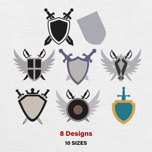 Könnte beinhalten: Sammlung von acht Schilddesigns mit Schwertern und Flügeln, in verschiedenen Farben wie Schwarz, Grau, Blau und Gold. Der Text "8 Designs" und "10 SIZES" ist rot dargestellt.