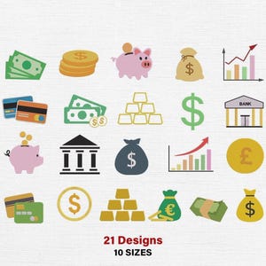 Money Banking Embroidery File, Finance, Dollar, Coin, Piggy Bank, Chart, Credit Card, Machine Embroidery File (Instand Download)