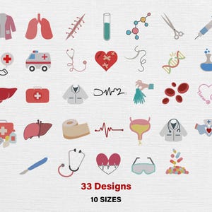 Peut inclure: Illustration de 33 motifs sur le thème médical, dont une blouse de médecin, des poumons et un stéthoscope. L'image comprend également le texte "33 Designs" et "10 Sizes".