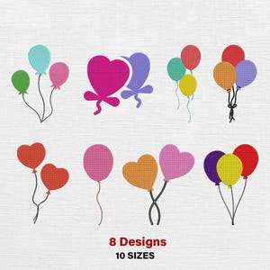 Puede incluir: Una colección de ocho diseños de globos coloridos en varias formas, incluyendo corazones y globos redondos. Los globos son en tonos de rojo, rosa, morado, amarillo, verde y azul. El texto "8 Designs 10 SIZES" está en rojo.