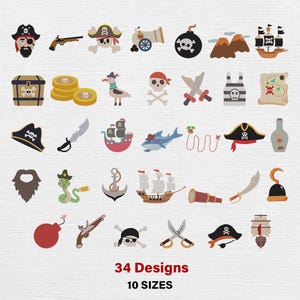 May include: A collection of 34 pirate-themed designs in various sizes. The illustrations include a pirate, skull, treasure chest, coins, ship, sword, map, and other related items. The text at the bottom reads "34 Designs" and "10 Sizes".