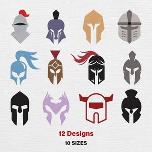 May include: A selection of 12 helmet designs in various colours, including silver, gold, blue, and black. The image includes the text "12 Designs" and "10 Sizes".