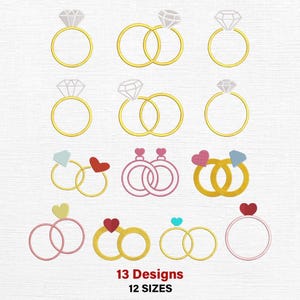 May include: A collection of 13 embroidery designs featuring various ring motifs, including gold bands with diamonds and hearts in red, pink, and blue. The text 13 Designs 12 SIZES is displayed at the bottom in red and black against a white background.
