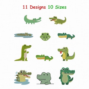 Può includere: Una collezione di 11 disegni di coccodrilli ricamati in varie pose e tonalità di verde, con il testo 11 Designs 10 Sizes in alto. Le illustrazioni raffigurano coccodrilli che nuotano, stanno in piedi e sorridono in diversi stili.