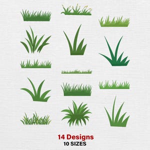 May include: A collection of 14 green grass designs in various styles. The designs range from short, dense patches to tall, individual blades. The text "14 Designs" and "10 SIZES" is displayed in red at the bottom of the image.