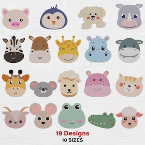 Puede incluir: Una colección de 19 diseños de caras de animales en varios colores, incluyendo un cerdo, un pingüino, un perro, un rinoceronte, una cebra, un hipopótamo, una jirafa y más. El texto "19 Designs" y "10 SIZES" se muestra en la parte inferior.