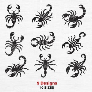 Puede incluir: Nueve diseños de escorpiones negros sobre un fondo blanco. La imagen incluye el texto "9 Designs" y "10 SIZES" en rojo, indicando opciones de personalización o selección.