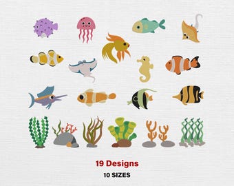 Diseño de bordado de peces, patrón de bordado a máquina de animales marinos, archivo de bordado a máquina de peces (descarga digital)