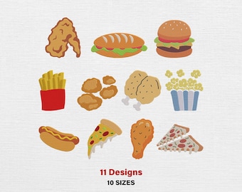 Pakiet projektów haftu maszynowego „Fast Food”, pliki do cyfrowego haftu maszynowego „Bugger Fries Pizza Hotdog” (do pobrania w wersji cyfrowej)