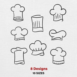 May include: Eight different black and white chef hat designs are shown. The image features various styles of chef hats, with the text "8 Designs" and "10 SIZES" in red at the bottom.