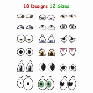 May include: A digital graphic sheet featuring 18 distinct pairs of cartoon eyes in various shapes, expressions, and colors, including brown, blue, green, and black pupils. The text 18 Designs 12 Sizes is printed in red and green at the top center.