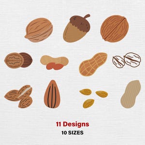 Op de afbeelding: Illustratie van verschillende noten, waaronder walnoten, pinda's, amandelen en een eikel, in bruine en beige tinten. De tekst "11 Designs" en "10 SIZES" staat onderaan de afbeelding.
