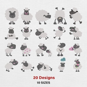 May include: A collection of 20 embroidered sheep designs in various poses, with black faces and legs, and fluffy white bodies. The text "20 Designs" and "10 SIZES" are displayed in red at the bottom of the image.