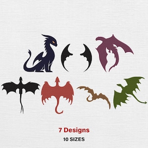 Puede incluir: Siete diseños de dragones en varios colores, incluyendo negro, rojo y verde, se muestran sobre un fondo blanco. La imagen incluye el texto "7 Designs" y "10 Sizes" en rojo. Los dragones tienen diferentes poses y formas de alas.