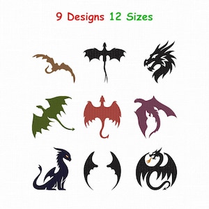 Puede incluir: Una colección de nueve diseños de bordado de dragones en varias poses y colores, incluyendo siluetas negras, marrones, verdes, rojas y moradas. El texto 9 Designs 12 Sizes aparece en la parte superior en rojo y verde sobre fondo blanco.