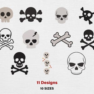 May include: A collection of eleven skull designs in various styles, including crossbones and a lightning bolt, in black, white, and tan. The text "11 Designs" and "10 Sizes" is displayed below the designs.