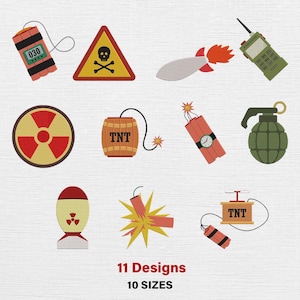 May include: A collection of eleven cartoon-style designs featuring explosive devices and warning symbols. Includes a bomb with a timer, a skull and crossbones sign, a rocket, a walkie-talkie, a nuclear symbol, a TNT barrel, a grenade, and a bomb with a radiation symbol.
