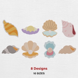 May include: Eight seashell designs in various colours and shapes, including yellow, orange, pink, and grey. The image also includes the text "8 Designs" and "10 SIZES" in red.