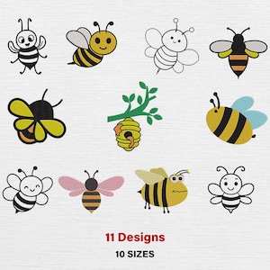 Può includere: Una collezione di undici disegni di api ricamate in vari stili, tra cui api dei cartoni animati con facce sorridenti, api con le ali e un'ape con un alveare. Il testo "11 Designs" e "10 Sizes" è visualizzato in basso.