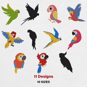 May include: Eleven parrot designs in different poses and colours, including black silhouettes. The parrots are in shades of green, red, yellow, and blue. Text at the bottom reads "11 Designs" and "10 Sizes".