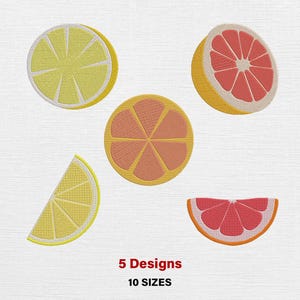 May include: Embroidered patches featuring citrus fruit slices: lemon, grapefruit, and orange. The patches are in various shapes and sizes, with detailed stitching and vibrant colors. The text "5 Designs" and "10 Sizes" is displayed below the patches.