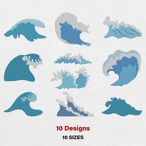 May include: A collection of ten blue and white wave designs. The waves vary in shape and size, with some featuring detailed crests. The text "10 Designs" and "10 SIZES" is displayed in red at the bottom of the image.