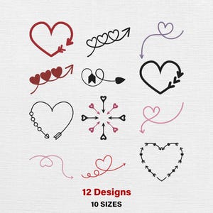 May include: A collection of 12 heart and arrow designs in red, black, and pink. The designs include hearts with arrows, arrows with hearts, and heart-shaped arrows. The text "12 Designs 10 Sizes" is at the bottom.