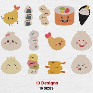 Peut inclure: Ensemble de 13 motifs sur le thème de la nourriture, dont des sushis, des tempuras et des raviolis, avec des visages souriants. Les motifs sont de formes et de couleurs variées, avec le texte "13 Designs" et "10 Sizes" en rouge.