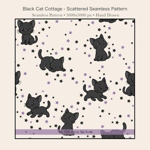 Peut inclure: Un motif numérique sans couture intitulé Black Cat Cottage présentant des chats noirs dessinés à la main dans diverses poses sur un fond beige clair avec des petites étoiles noires et violettes. Le texte indique Black Cat Cottage - Scattered Seamless Pattern, Seamless Pattern, 5000x5000 px, Hand Drawn, et by Oh mon bichon.