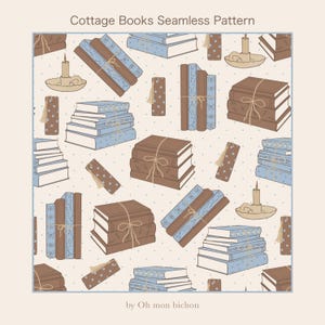 Peut inclure: Motif sans couture avec des piles de livres bruns et bleus, attachés avec de la ficelle. Le motif comprend des bougies et des marque-pages sur un fond crème avec de petits points blancs. Le texte "Cottage Books Seamless Pattern" est en haut.