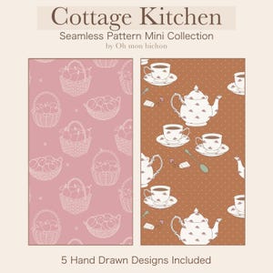 Peut inclure: Deux motifs de motifs sans couture. L'un présente des dessins au trait blancs de paniers de pommes sur un fond rose. L'autre montre des tasses à thé, des théières et des cuillères blanches sur un fond marron à pois. Le texte "Cottage Kitchen" est en haut.