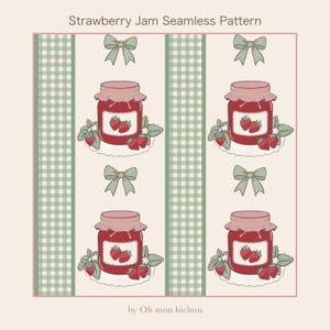 May include: A repeating pattern of strawberry jam jars, strawberries, and bows. The jars are red with pink lids and labels showing strawberries. The background has green and white checkered stripes and light green bows.