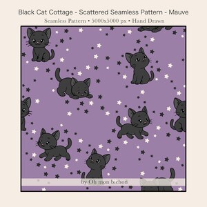 Peut inclure: Un motif sans couture intitulé Black Cat Cottage présentant des chats noirs dessinés à la main dans diverses poses sur un fond mauve. Le design inclut de petites étoiles blanches et noires dispersées. Le texte indique Oh mon bichon.