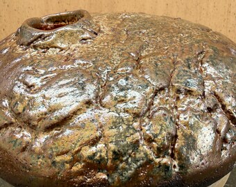 Handmade oval ceramic vase, metallic brown shino glaze, cratered surface, wabi sabi, rustic decor