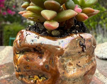 Handmade mini ceramic succulent planter, kirinuki style, shino glaze, Wabi Sabi inspired